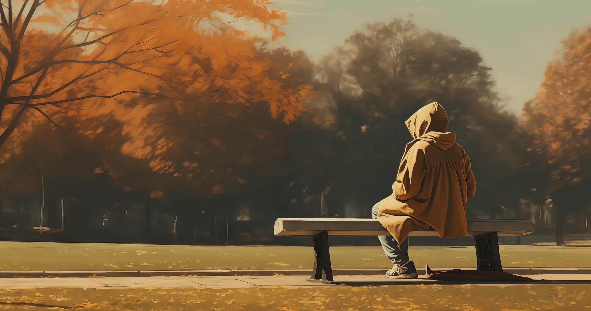 Tegning av en person som sitter på en parkbenk