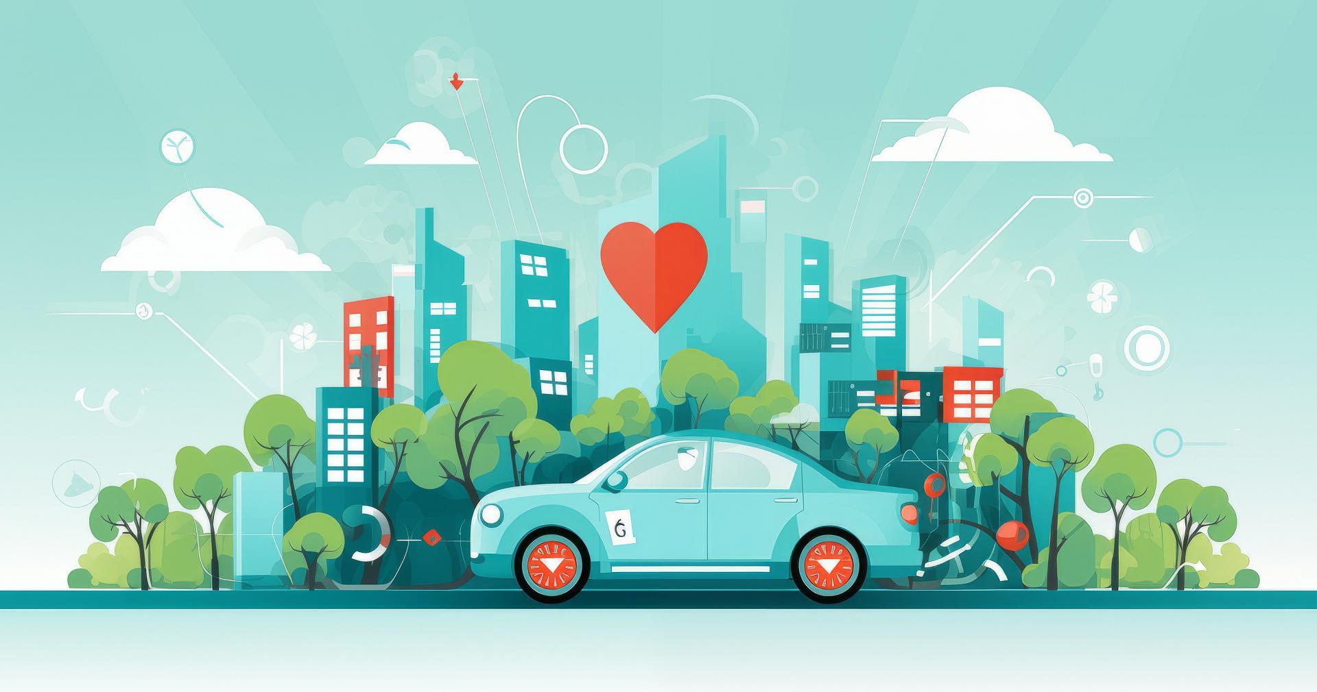 Tegning av en bil med en by i bakgrunnen